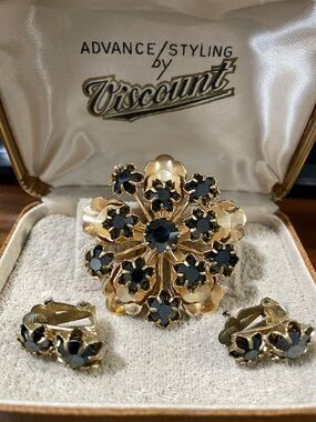 Vintage Floral Brooch and Clip-On Earrings with Black Stones